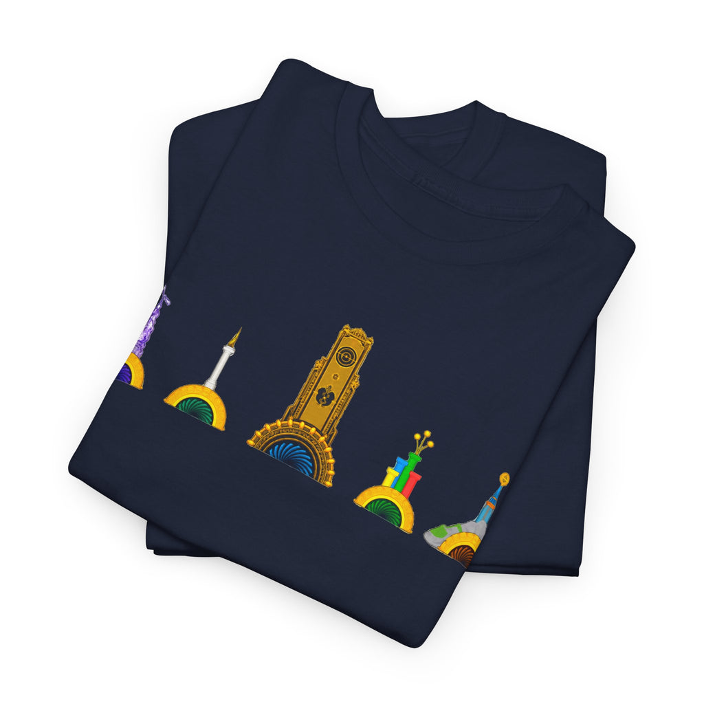 Epic Universe Portals Cotton T‑Shirt — Colorful Landmark Ring Icons Tee