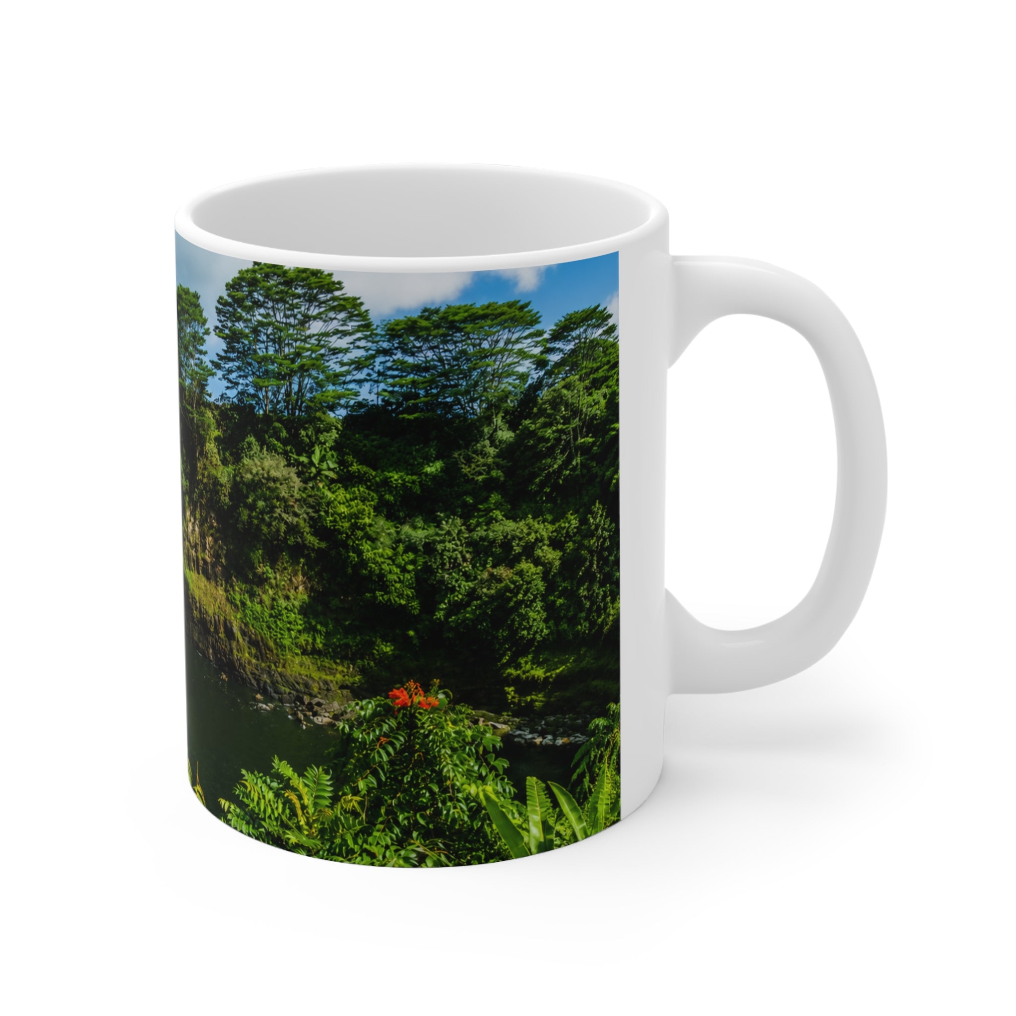 Waterfall Landscape Mug — Tropical Rainbow Waterfall Ceramic Coffee Cup (11oz & 15oz)