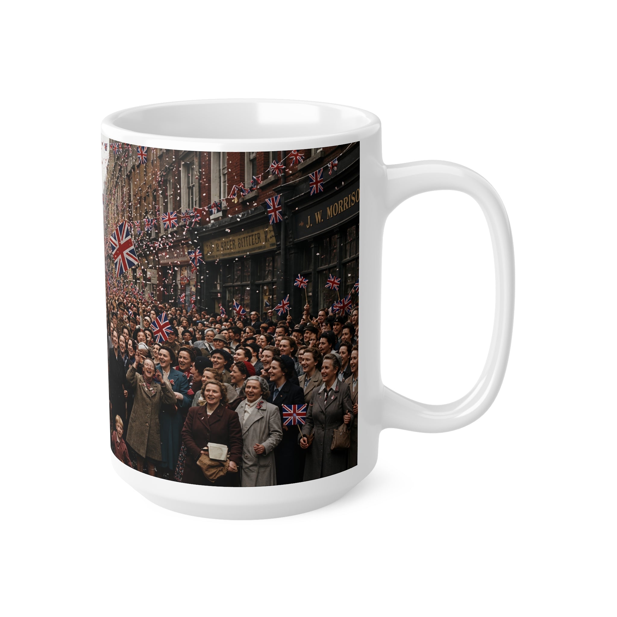 Union Jack Street Parade Mug — Vintage British Crowd Scene Ceramic Coffee Cup (11oz, 15oz)