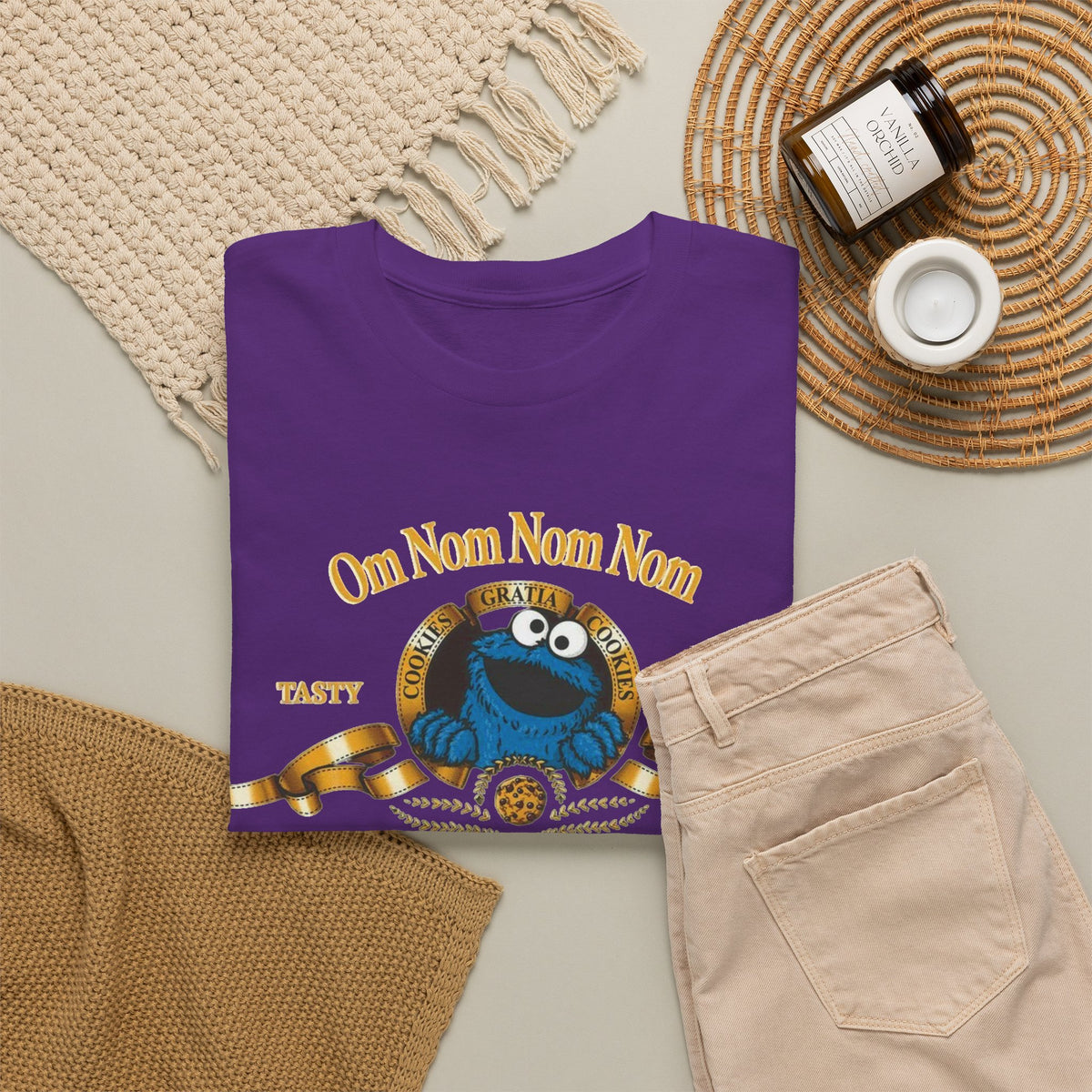 Cookie Monster "Om Nom Nom Nom" Vintage Badge Cotton T‑Shirt
