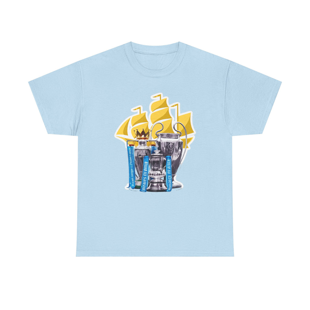 Manchester City Champions Trophy Tee – Golden Cups & Blue Scarves Football Fan Shirt