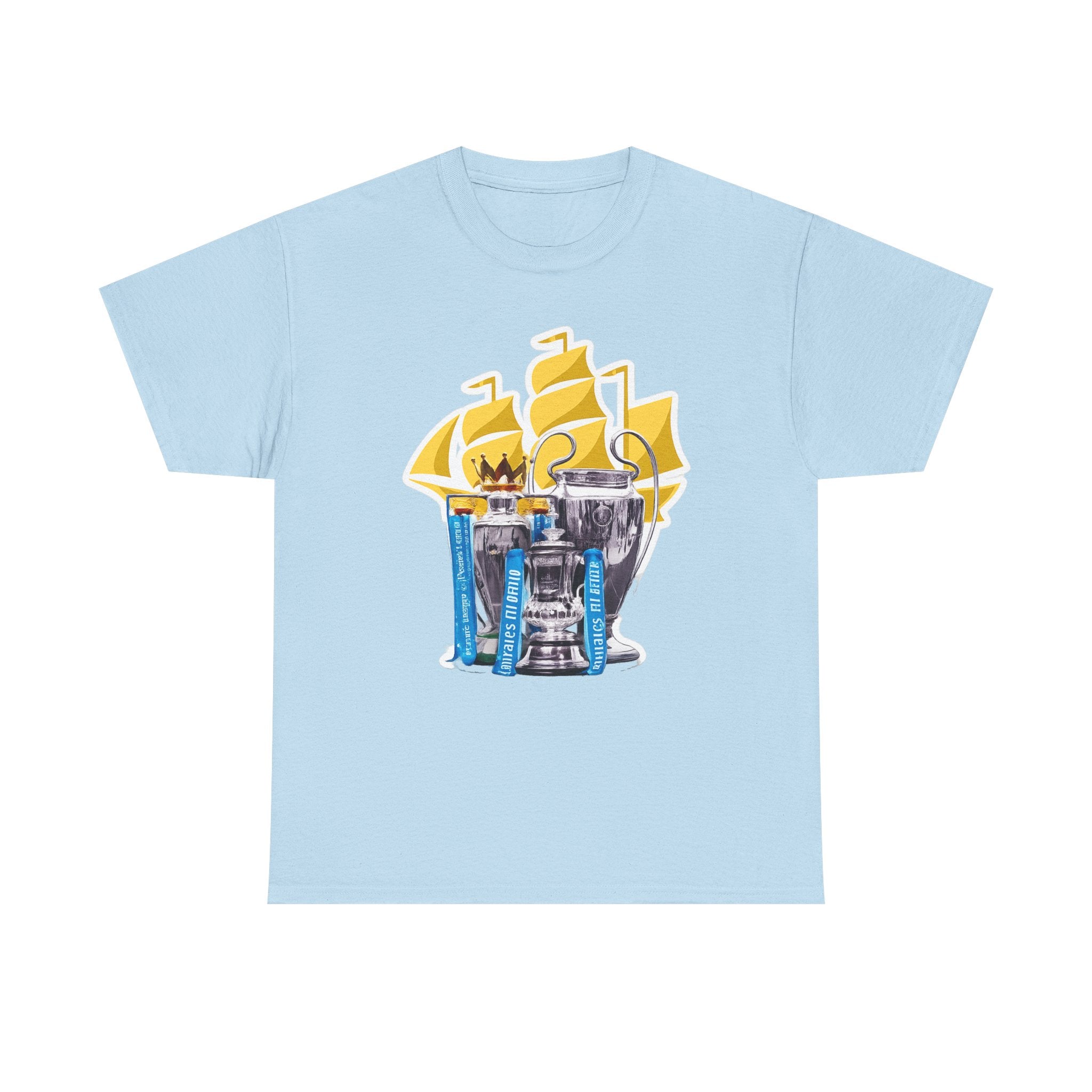 Manchester City Champions Trophy Tee – Golden Cups & Blue Scarves Football Fan Shirt