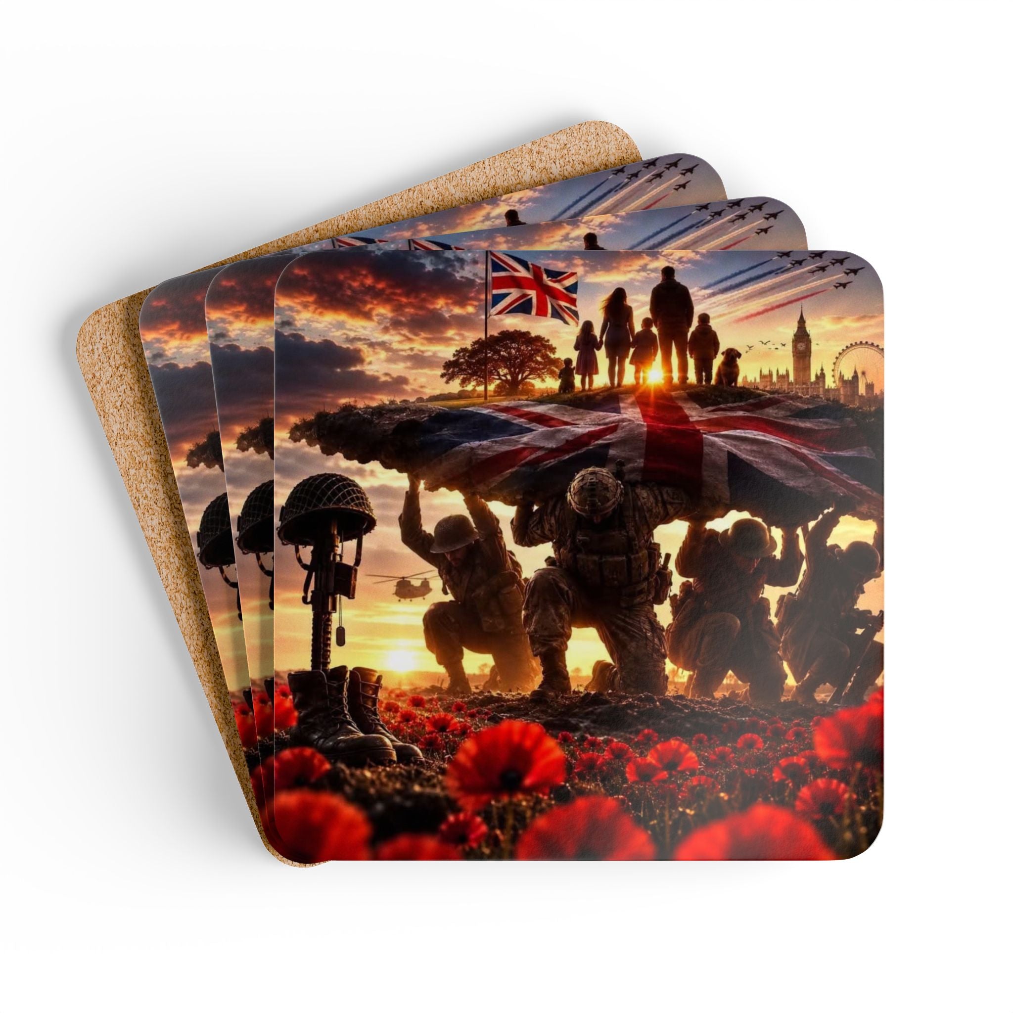 British Remembrance Poppy Cork Coaster Set – Veterans & Memorial Tribute