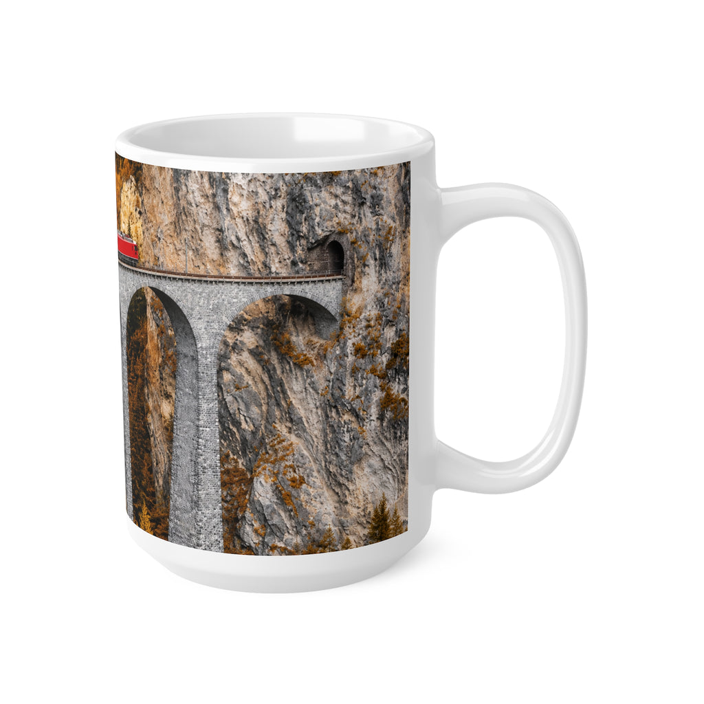 Alpine Scenic Red Train Bridge Coffee Mug – Autumn Railway 11oz & 15oz