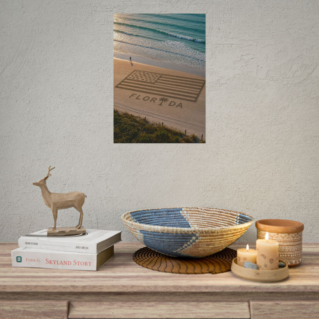 Florida Beach Flag Poster — Sand Art American Flag with "FLORIDA" Text