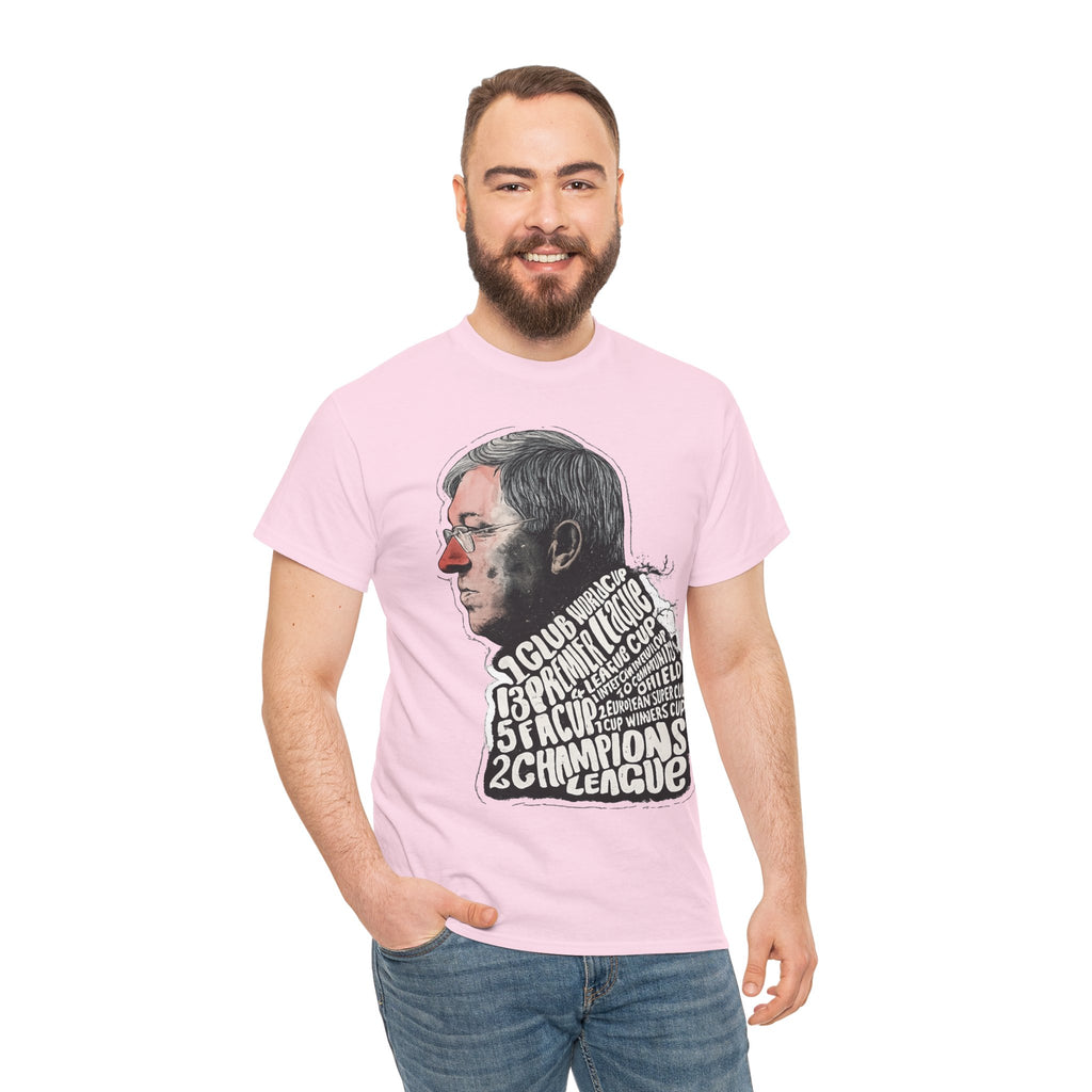 SIr Alex Ferguson Achievements Vintage Football Manager Profile Tee — Illustrated Head with Trophy Text Design