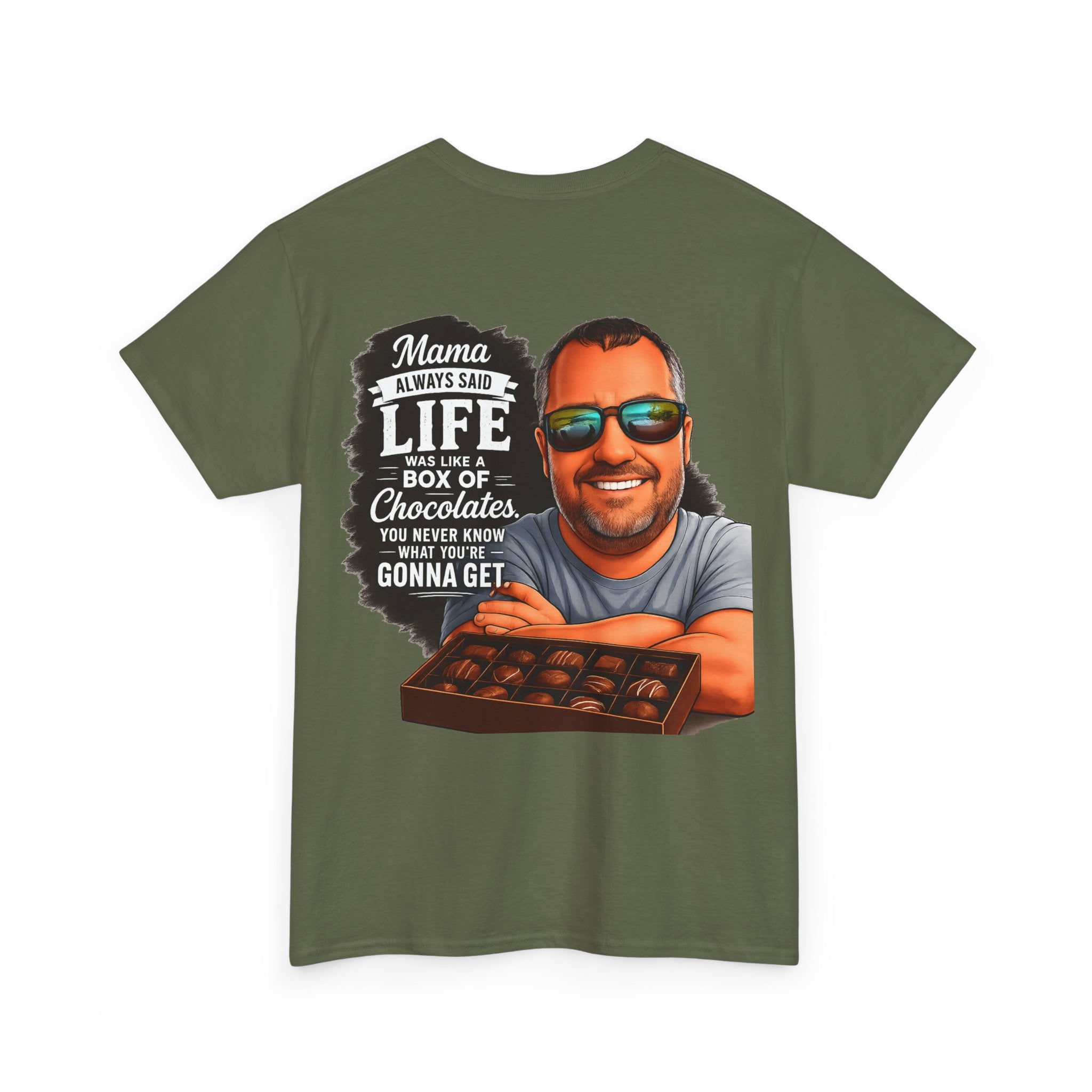 T-Shirt — "Mama Always Said Life Is Like A Box Of Chocolates" Graphic Tee (Funny Retro Portrait)