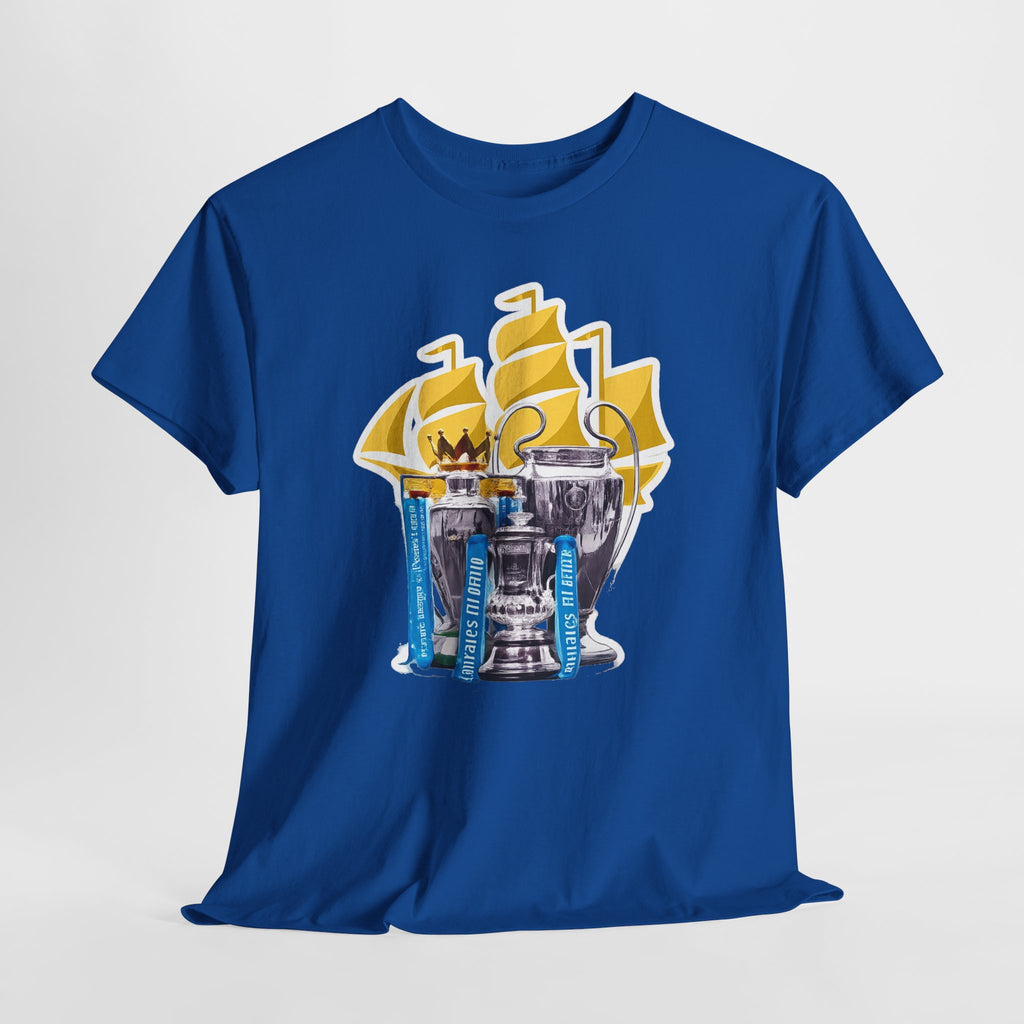 Manchester City Champions Trophy Tee – Golden Cups & Blue Scarves Football Fan Shirt