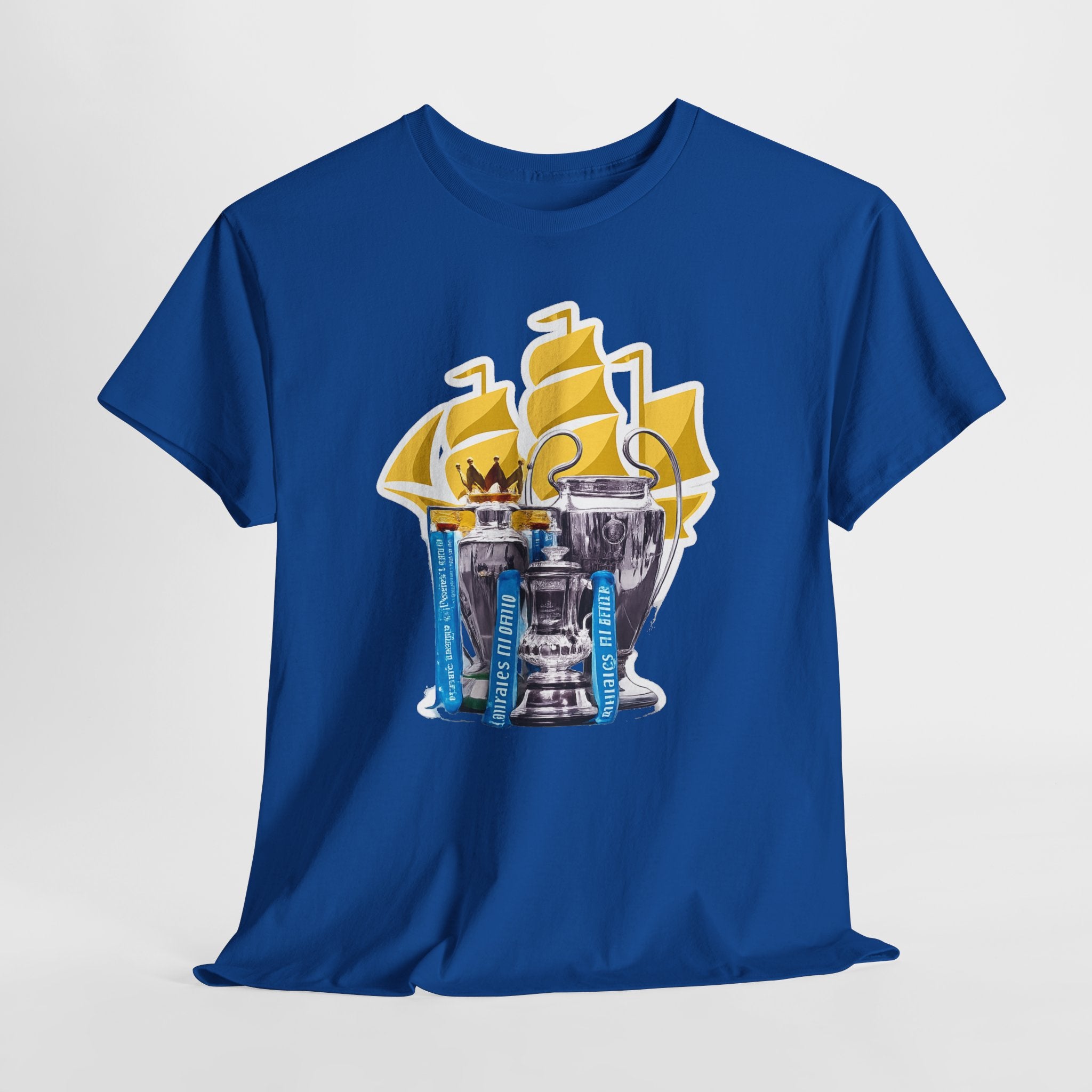 Manchester City Champions Trophy Tee – Golden Cups & Blue Scarves Football Fan Shirt