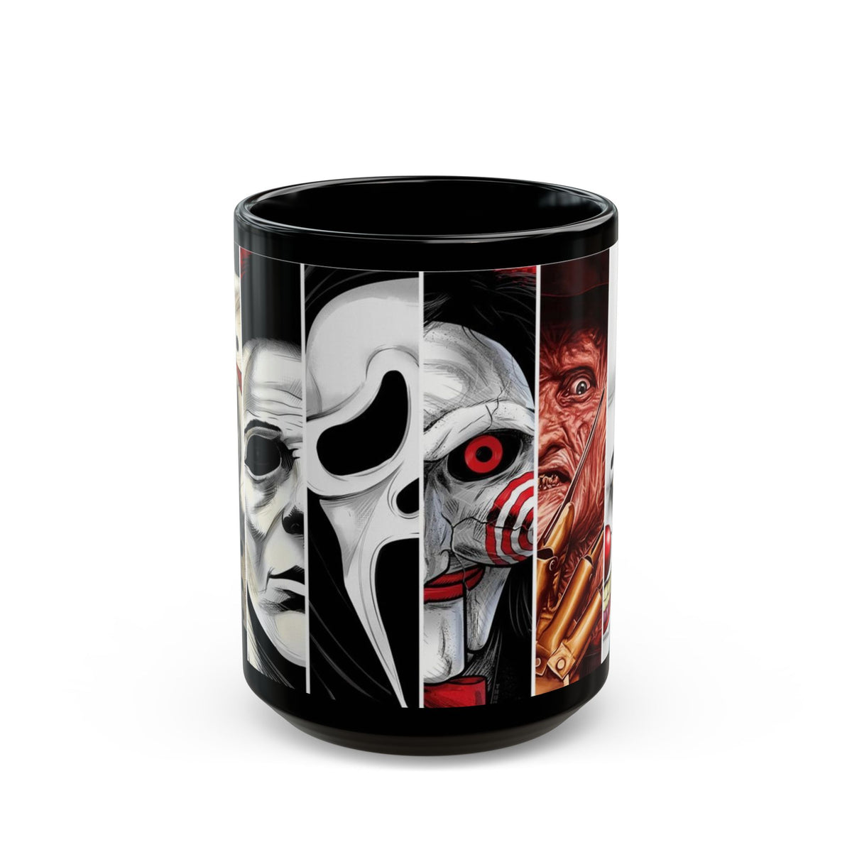 Horror Icons Collage Mug — Leatherface, Ghostface, Jigsaw & Pennywise Black Coffee Cup
