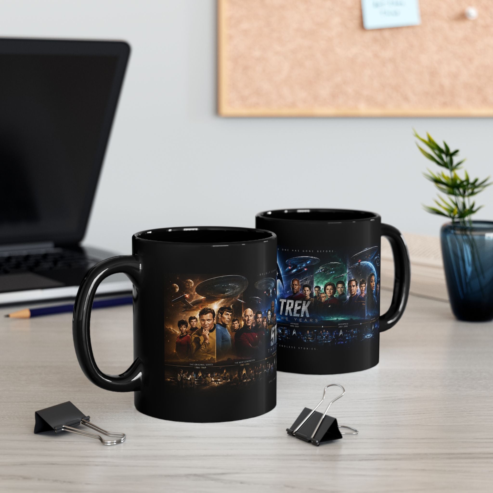 Star Trek Collage Black Mug — Sci‑Fi Crew Montage Coffee Cup (11oz/15oz)