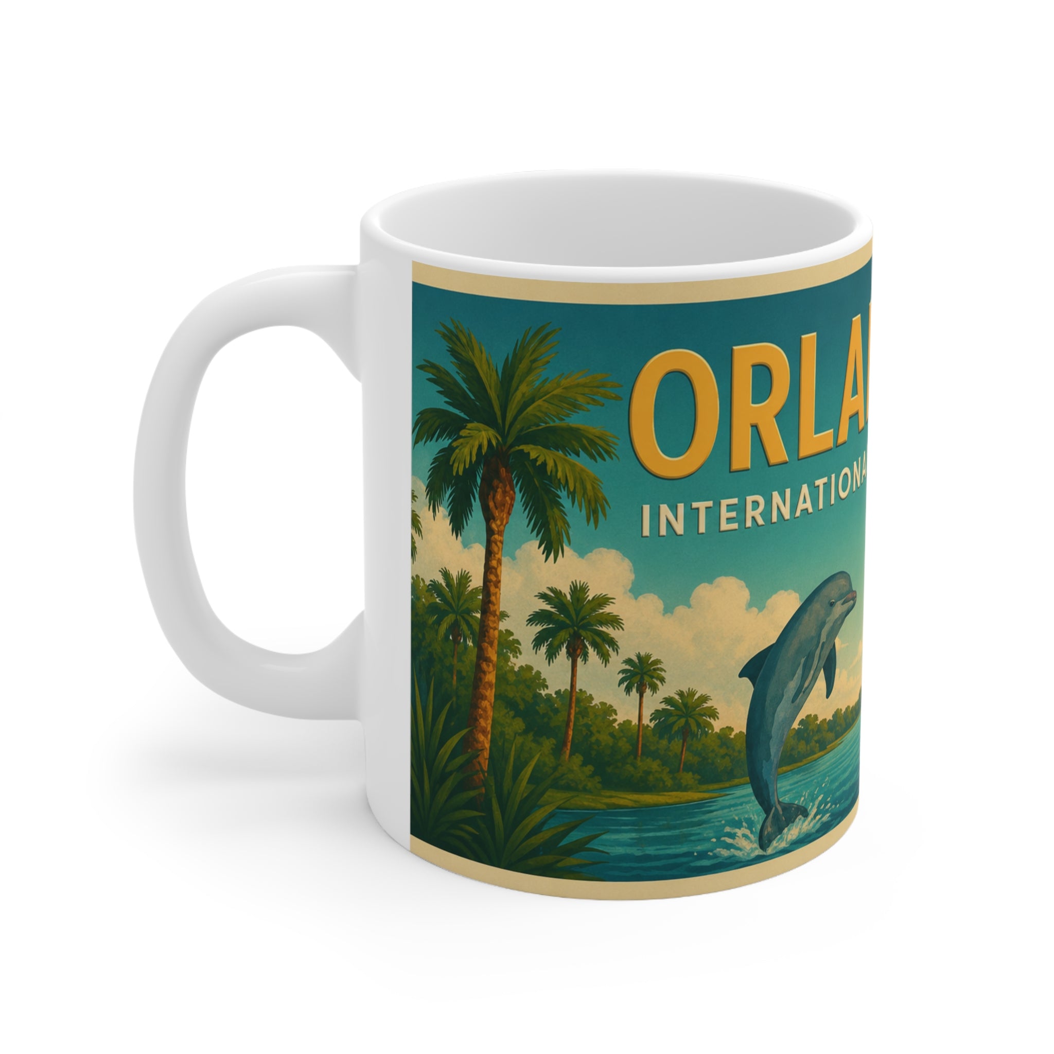 Orlando Vintage Travel Mug – 'Orlando International Airport' Retro Dolphin & Palm Coffee Cup (11oz, 15oz)