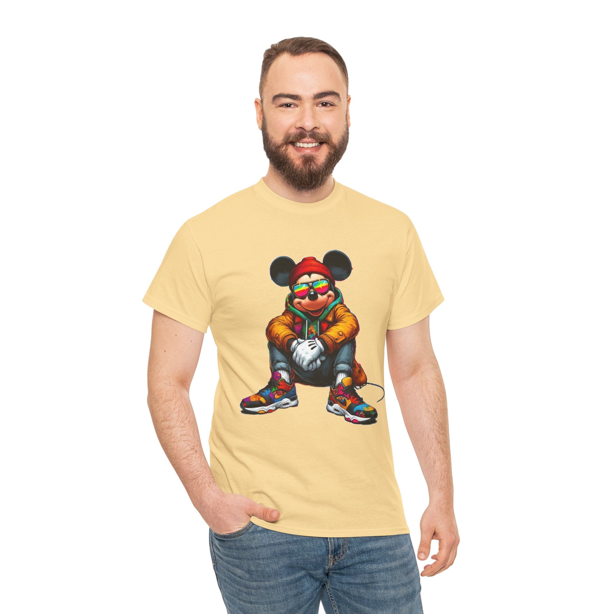 Mickey Mouse Streetwear Graphic Tee — Hip-Hop Mouse Character Sitting in Sneakers
