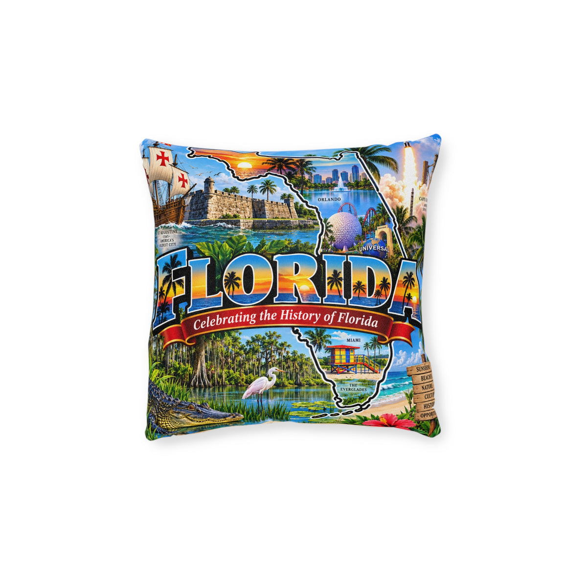 Florida Map Square Pillow — Vintage Travel State Throw Pillow