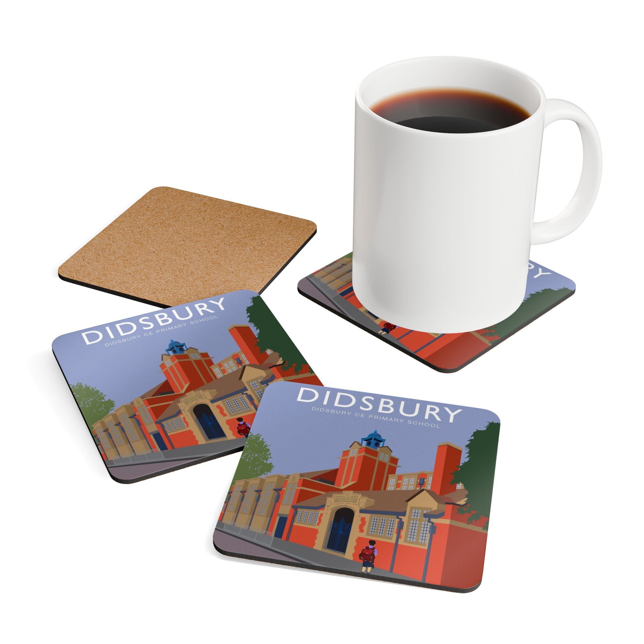 Elm Grove Didsbury C of E Primary School Landmark Cork Coaster Set — Vintage School Building Illustration
