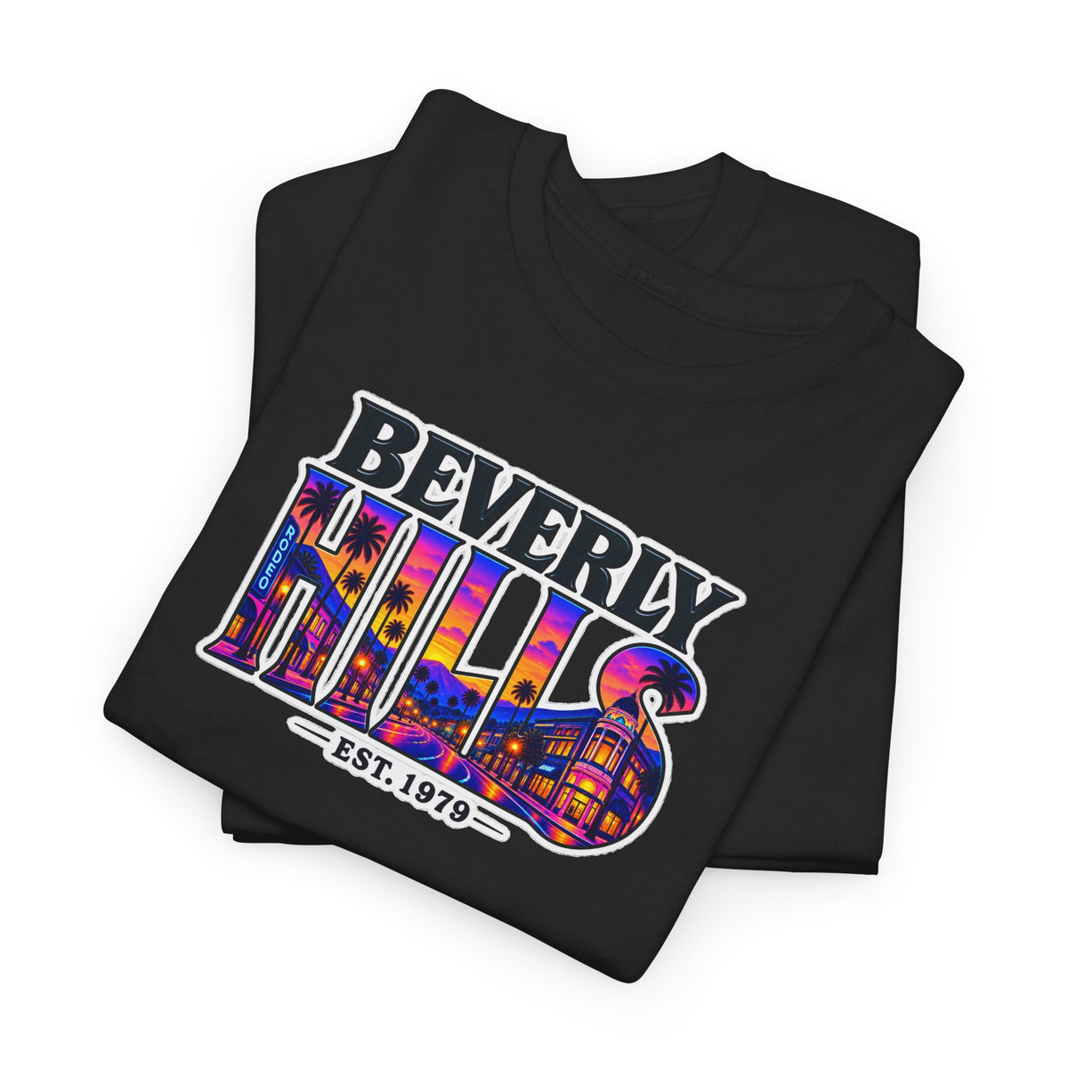 Beverly Hills Retro Sunset Tee — 'Beverly Hills EST. 1979' Graphic T-Shirt