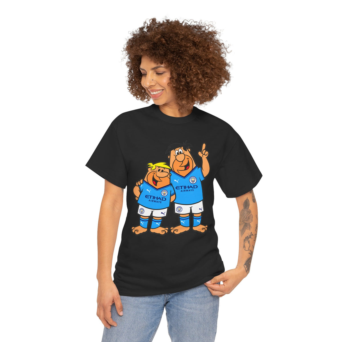 Manchester City The Flintstones Etihad Airways Cartoon Cotton T-Shirt