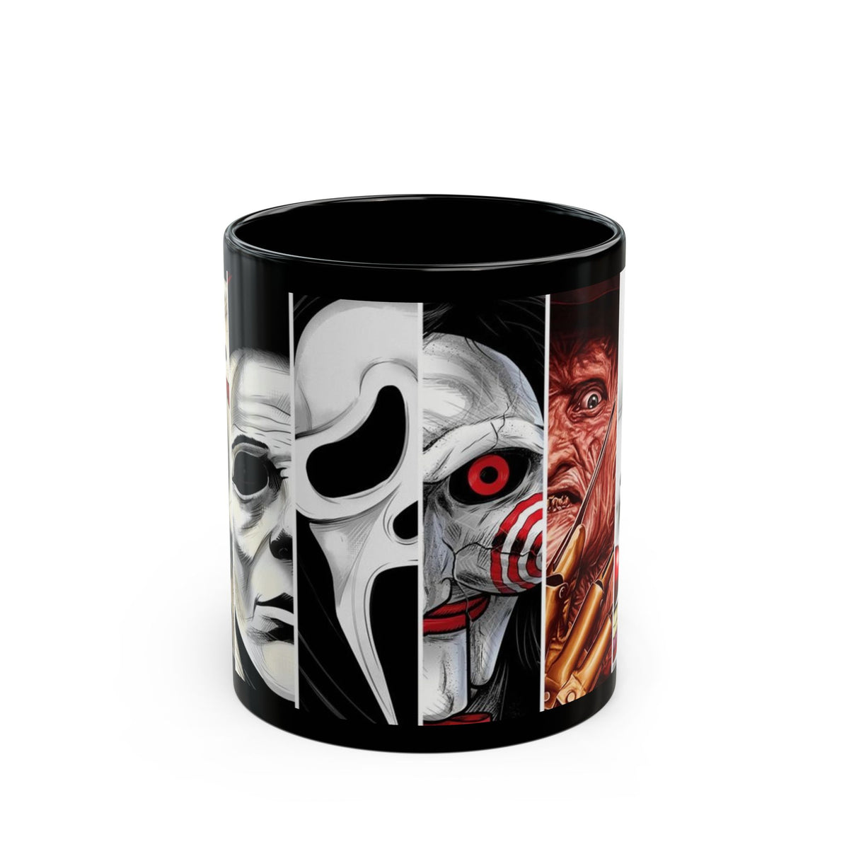 Horror Icons Collage Mug — Leatherface, Ghostface, Jigsaw & Pennywise Black Coffee Cup