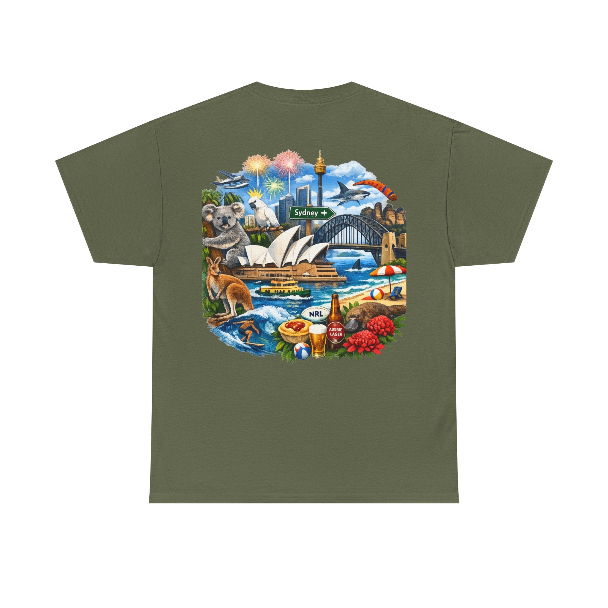 T-Shirt — Sydney Landmark Collage Tee (Opera House, Harbour Bridge, Koala & Beach Scene)