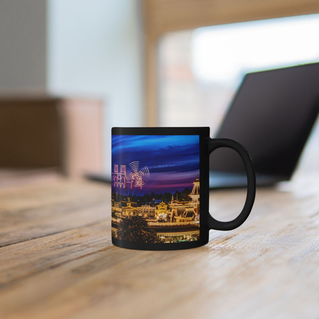 Disneyland Paris Park Nightscape Black Mug — Illuminated Main Street Skyline (11oz/15oz)