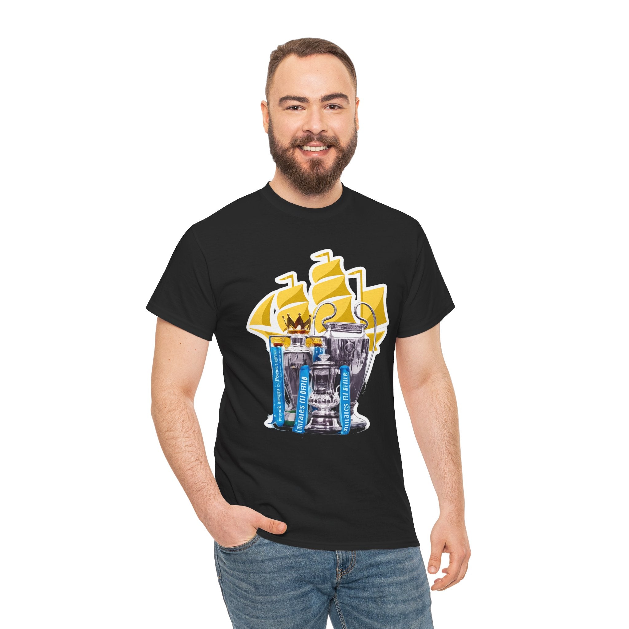 Manchester City Champions Trophy Tee – Golden Cups & Blue Scarves Football Fan Shirt