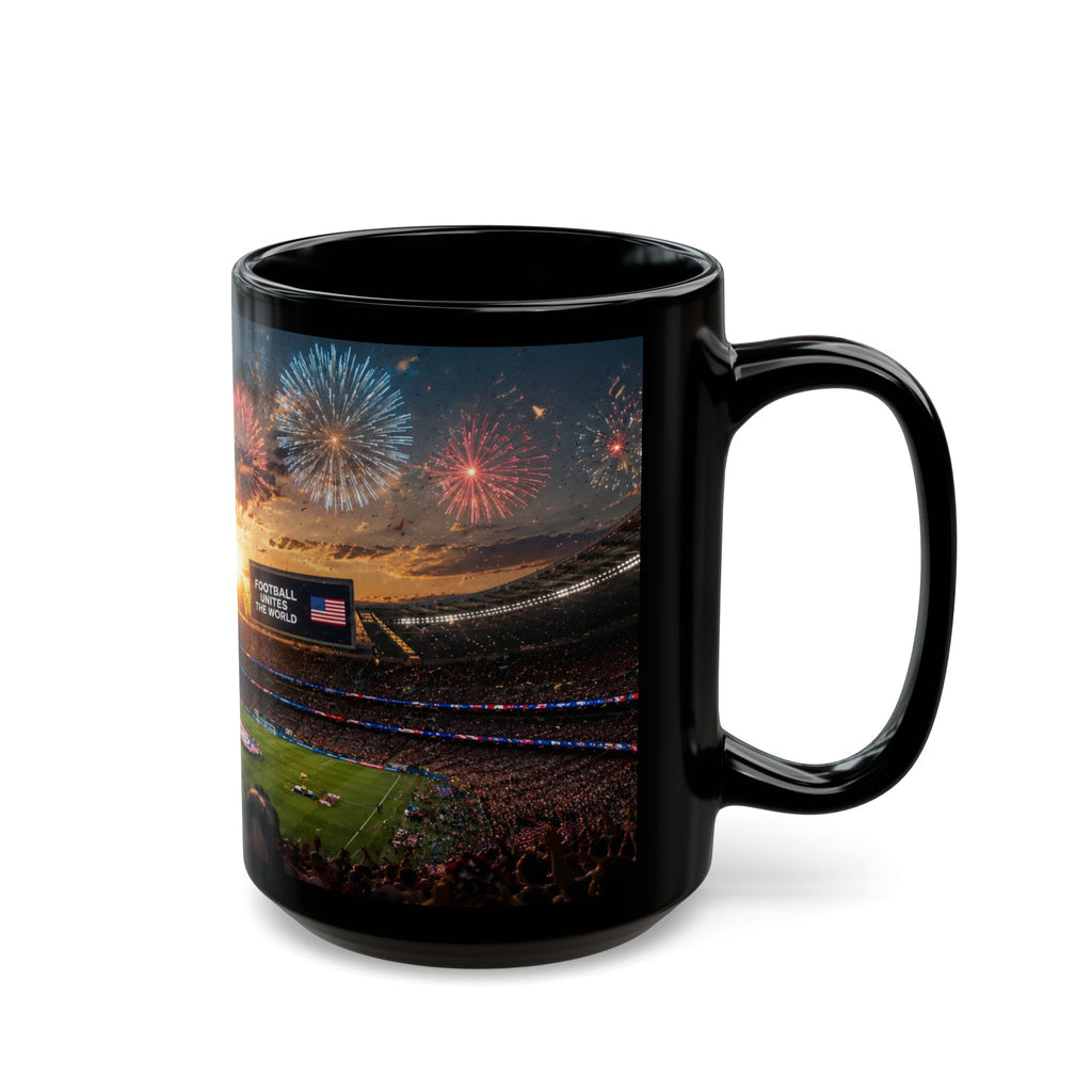 World Cup 2026 Patriotic Stadium Fireworks Black Mug — American Flag Football Game Coffee Cup (11oz/15oz)