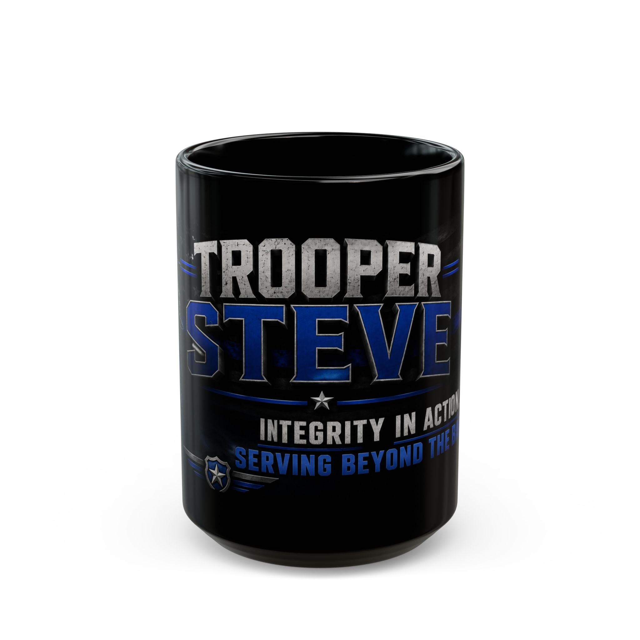 Police Trooper Mug — "Trooper Steve: Integrity in Action" Black Coffee Cup (11oz/15oz)