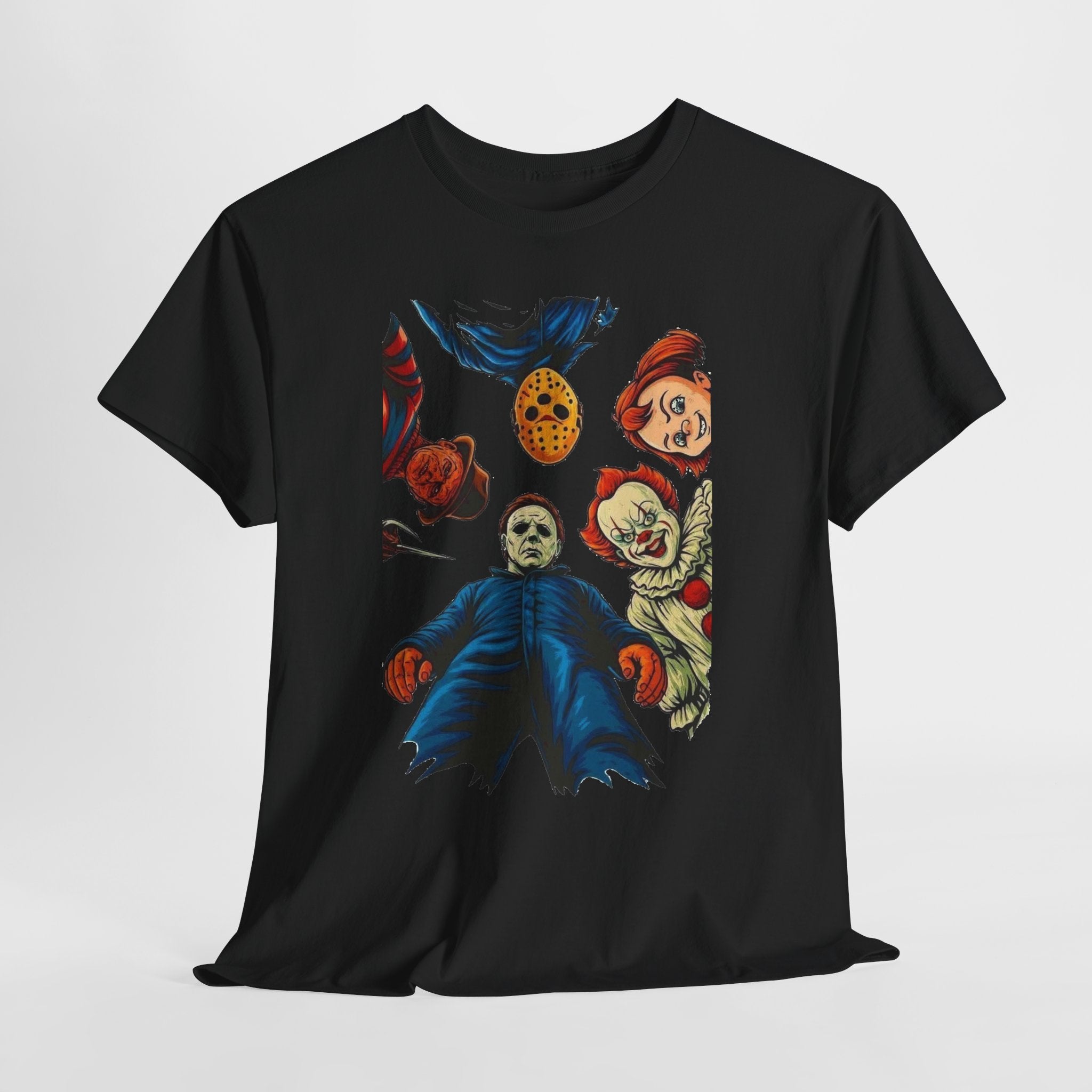 Horror Movie Icons Graphic Tee — Michael Myers, Jason & Classic Clowns Halloween T-Shirt