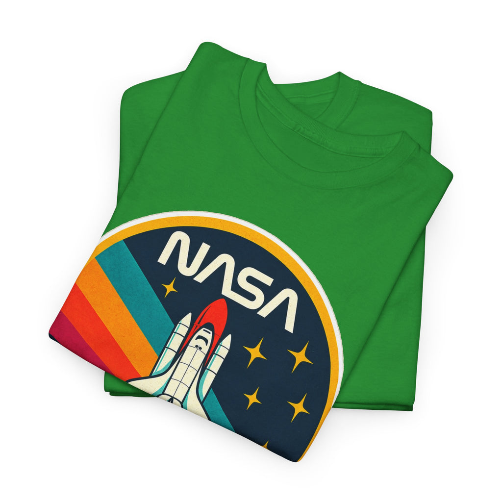 NASA Retro Rocket T‑Shirt — Vintage Space Shuttle Tee with Rainbow Trail