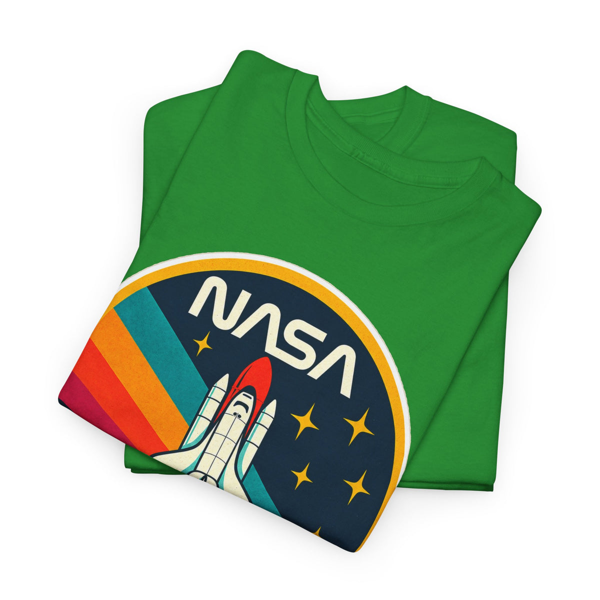 NASA Retro Rocket T‑Shirt — Vintage Space Shuttle Tee with Rainbow Trail