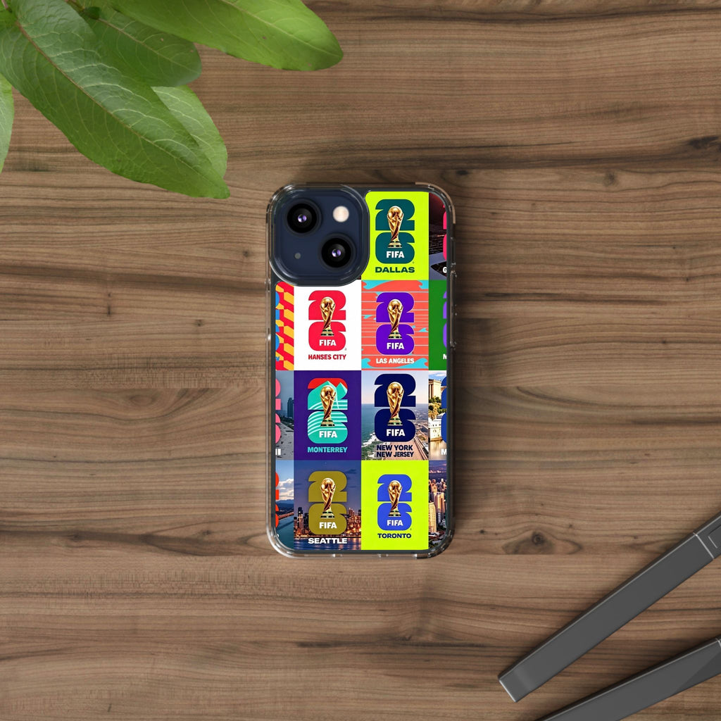 FIFA World Cup Pop Art Clear Phone Case — City Badge Collage (Dallas, LA, Monterrey, Toronto, Seattle)