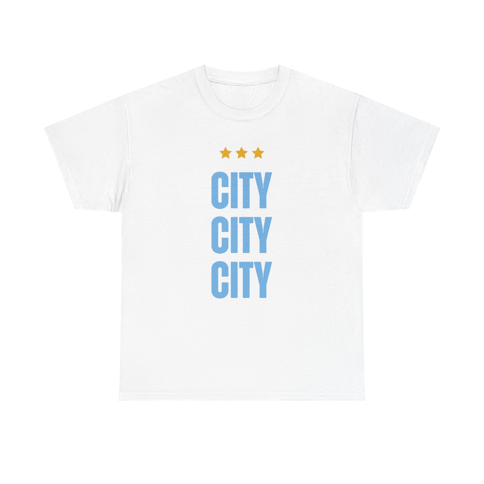 Manchester City City City Tee — Minimal Skyline Graphic T‑Shirt with Three Stars