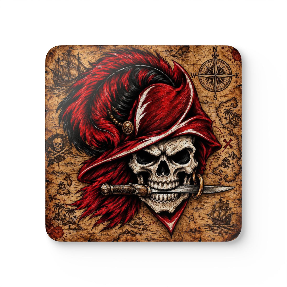 Pirate Skull Cork Coaster Set — Red Feather Buccaneer Drink Coasters