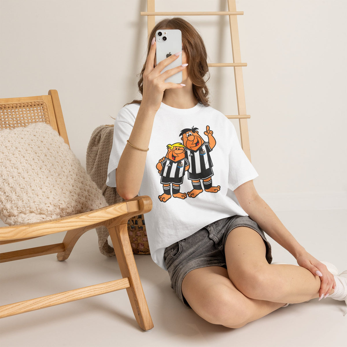Newcastle United Flintstones Cartoon Cotton T-Shirt / Tee — Retro Striped Jersey Illustrations