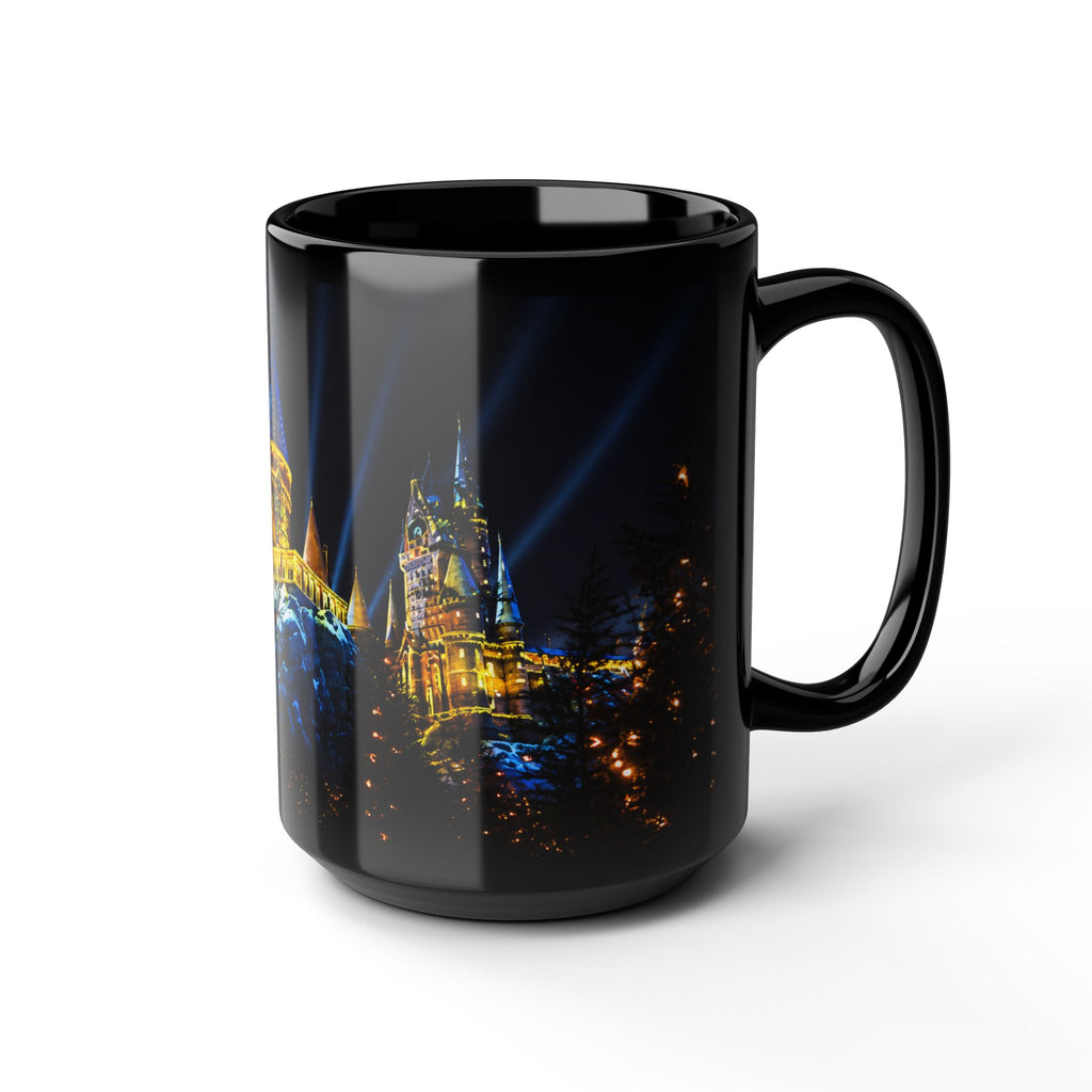 Hogwarts Night Castle Black Coffee Mug – Festive Illuminated Castle Panorama (11oz & 15oz)