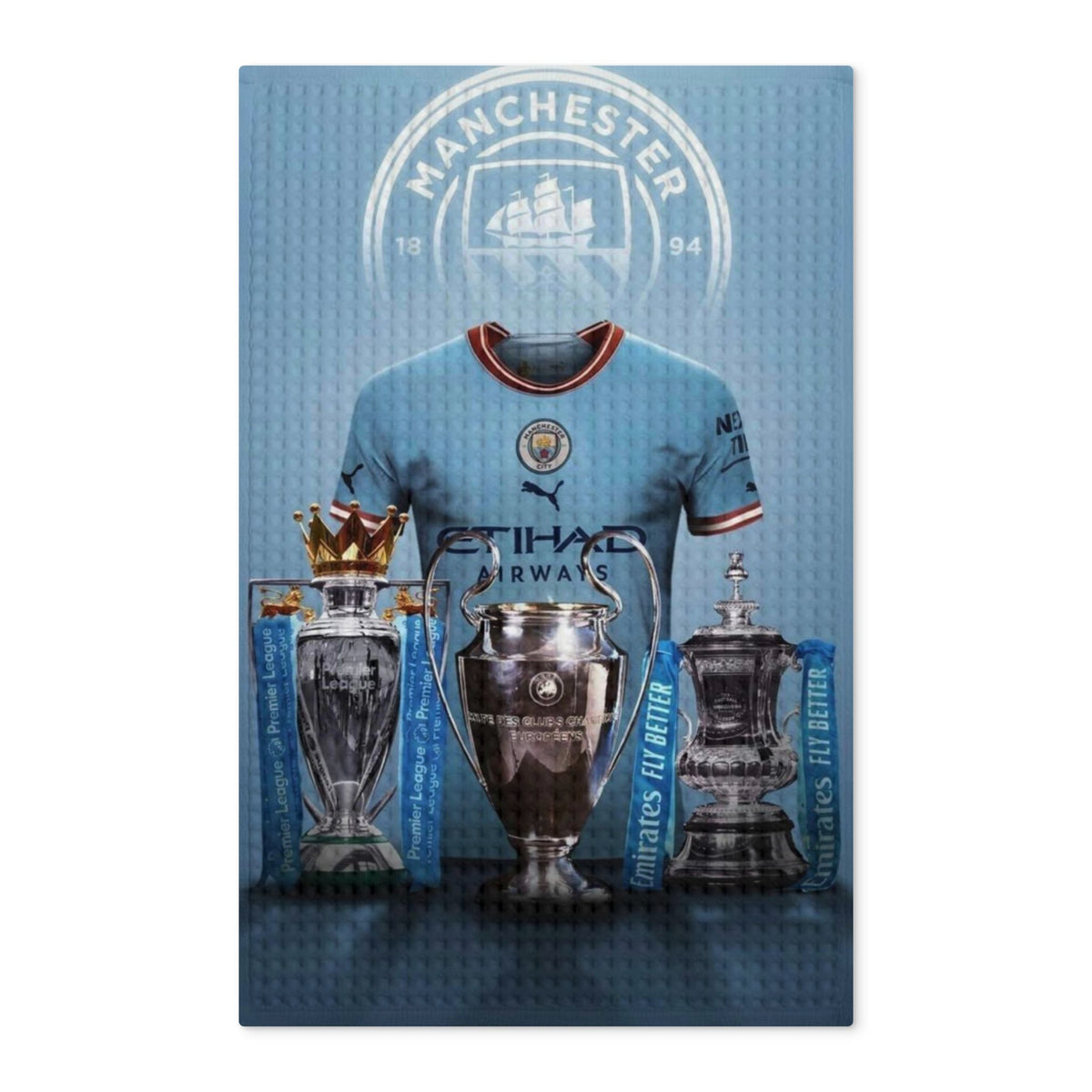 Manchester City Trophy Tea Towel — Waffle Double-Sided Football Kitchen Towel