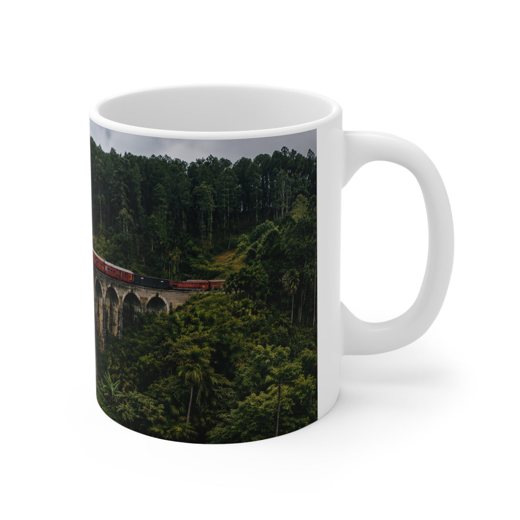 Scenic Viaduct Train Ceramic Mug – Vintage Red Engine on Mountain Bridge (11oz/15oz)