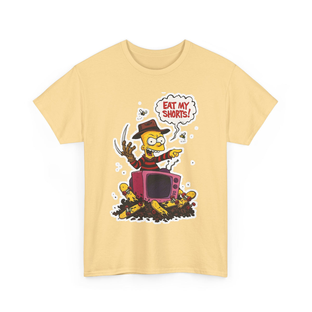 Horror TV Mashup Tee — “Eat My Shorts!” Retro Cartoon Tee