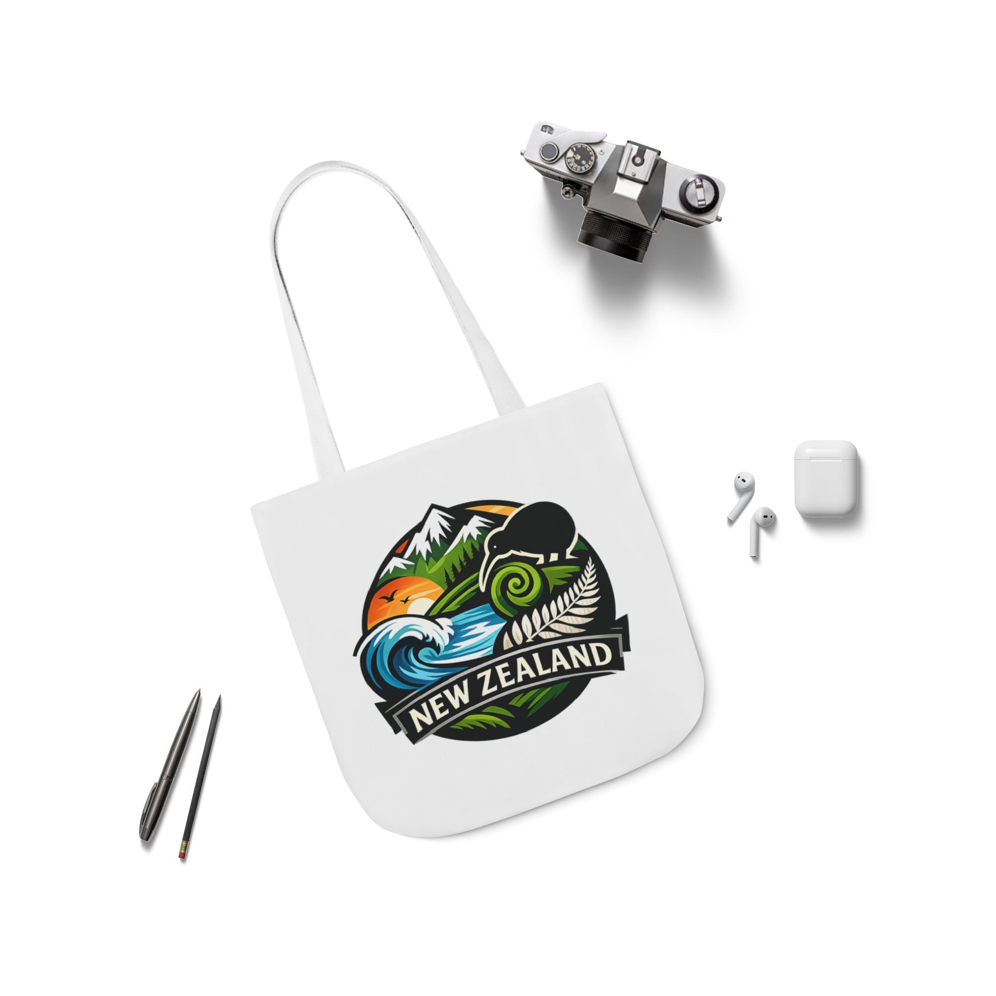 New Zealand Scenic Tote Bag — Kiwi, Mountains & Waves Canvas Tote