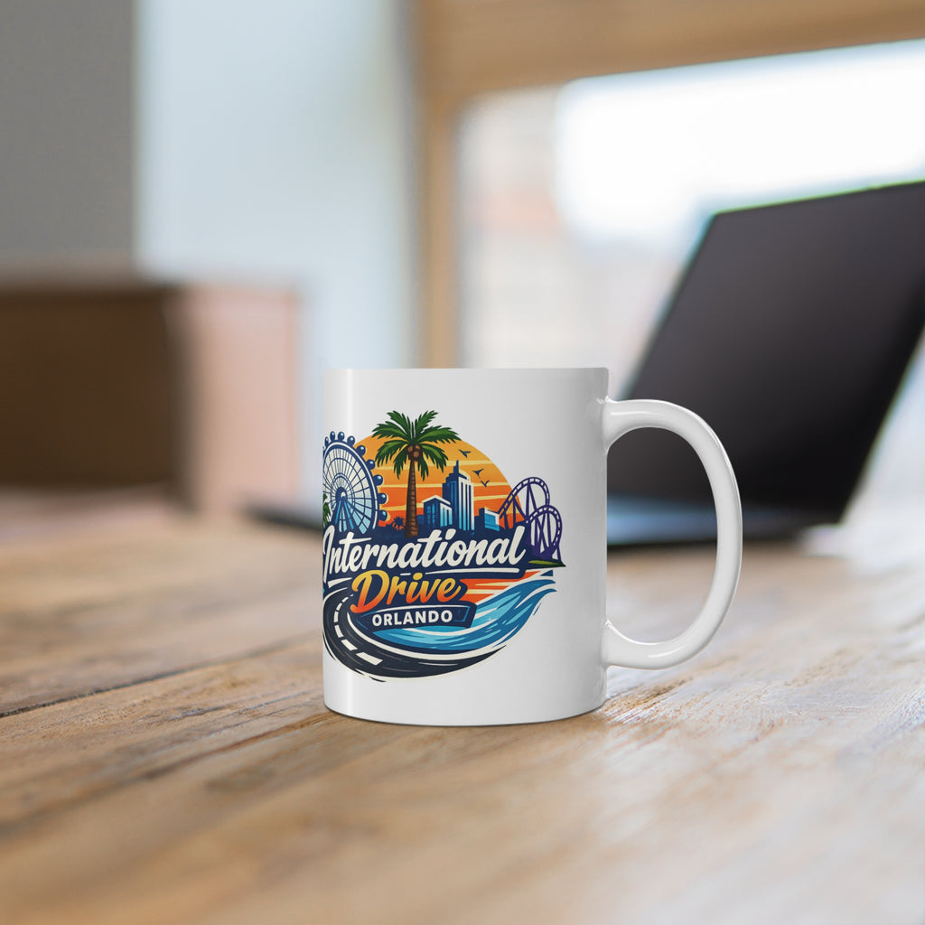 Orlando International Drive Souvenir Mug — 11oz/15oz Ceramic Coffee Cup with Ferris Wheel & Sunset Design