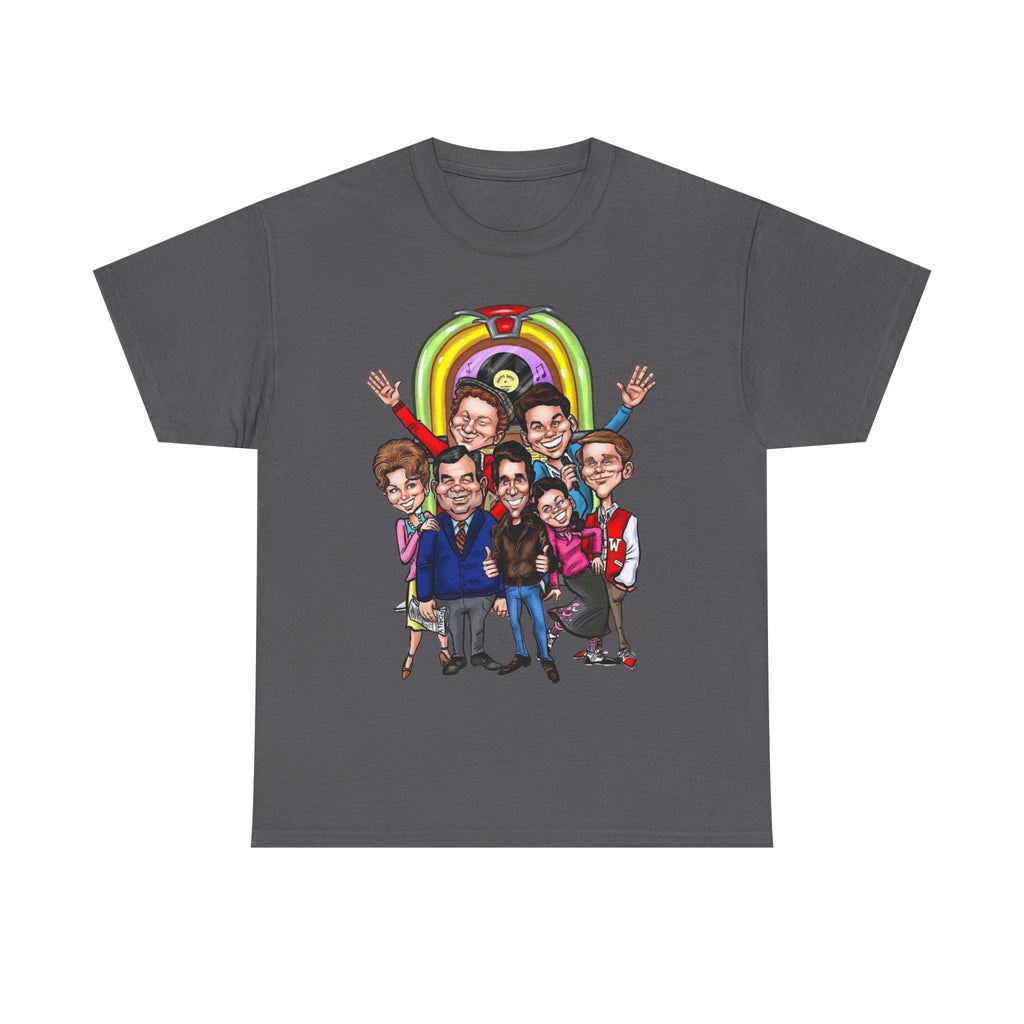 Happy Days Cast Caricature Tee — Retro 70s Sitcom Graphic T-Shirt