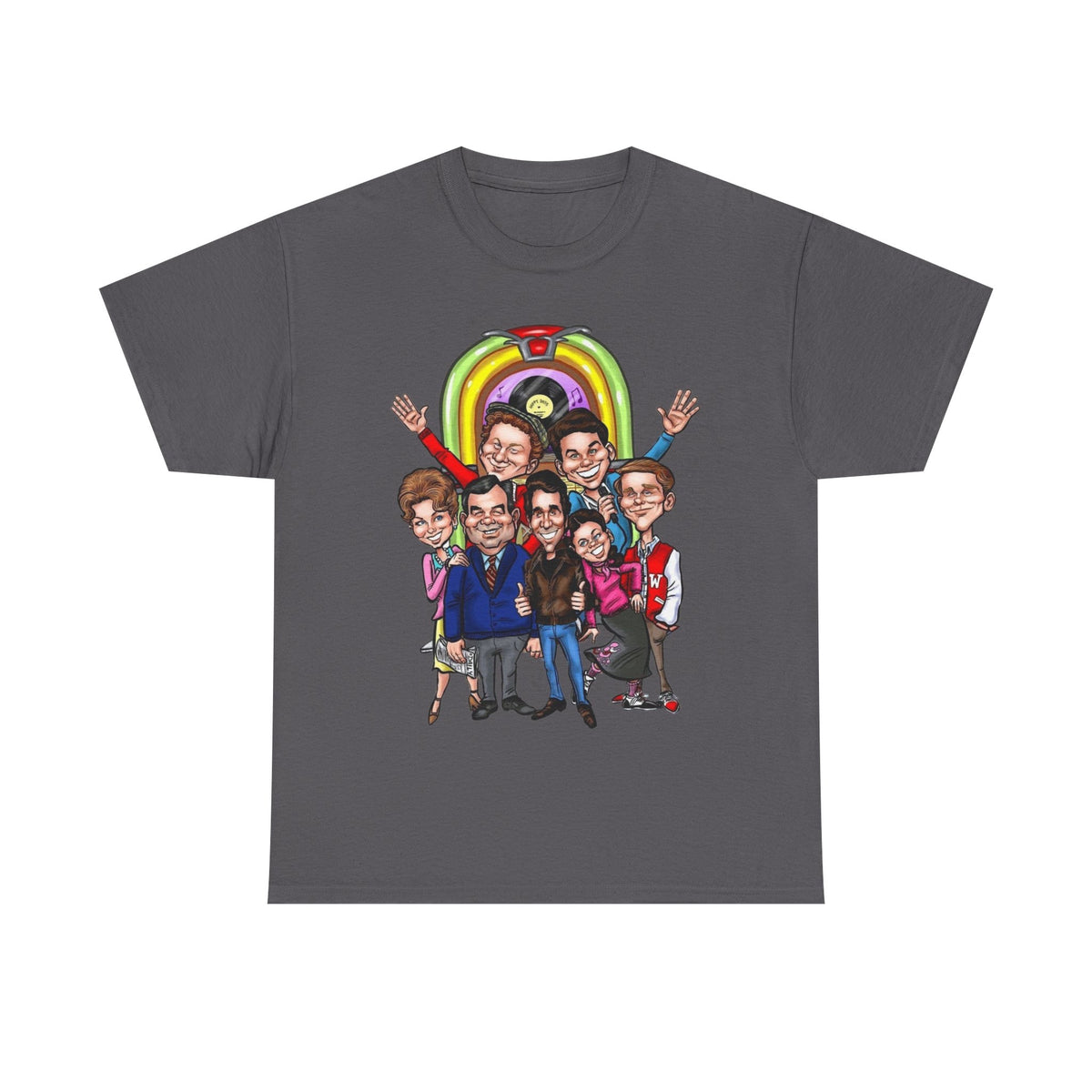 Happy Days Cast Caricature Tee — Retro 70s Sitcom Graphic T-Shirt