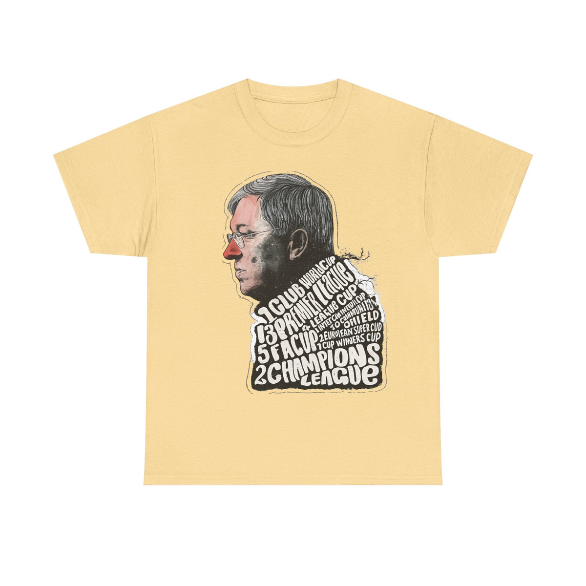 SIr Alex Ferguson Achievements Vintage Football Manager Profile Tee — Illustrated Head with Trophy Text Design