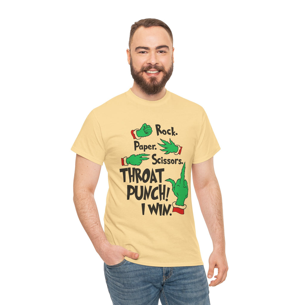 Funny Holiday Tee — "Rock. Paper. Scissors. Throat Punch! I Win" Graphic T-Shirt