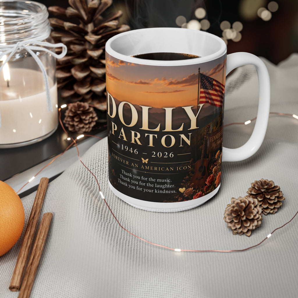 Dolly Parton Memorial Sunset Portrait Mug — Inspirational Tribute Ceramic Coffee Cup