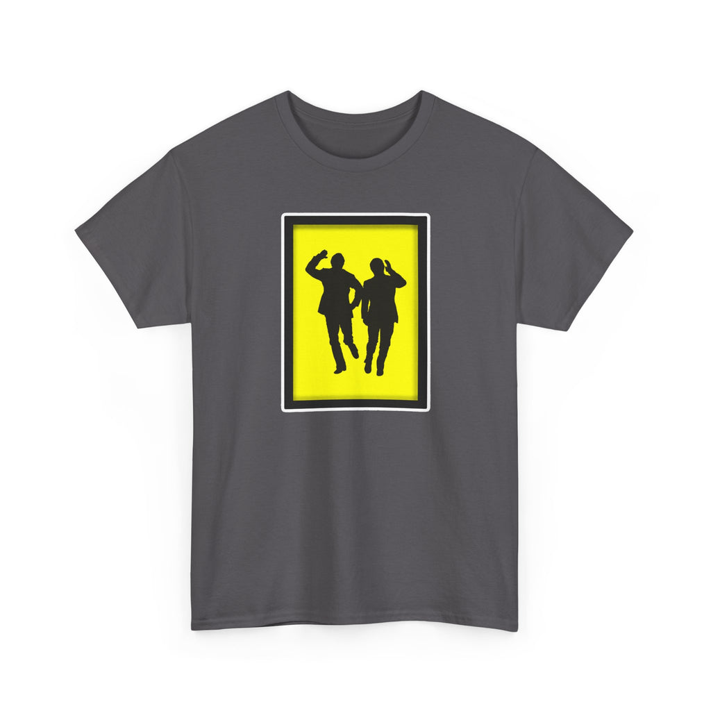 Morecambe and Wise Dancing Silhouette Tee – Retro Yellow Frame Graphic T-Shirt