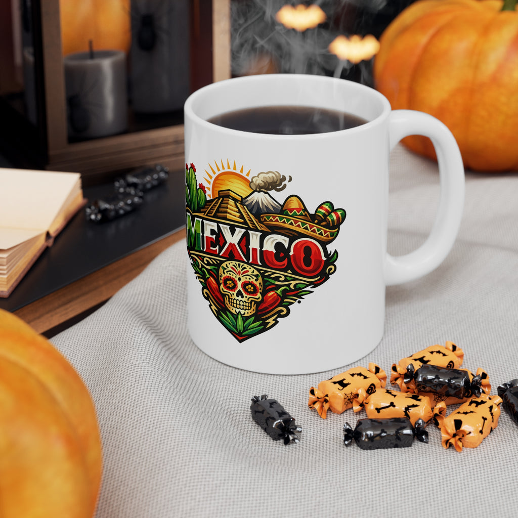 Mexico Travel Coffee Mug — Colorful Sugar Skull & Sunset Ceramic Mug (11oz/15oz)