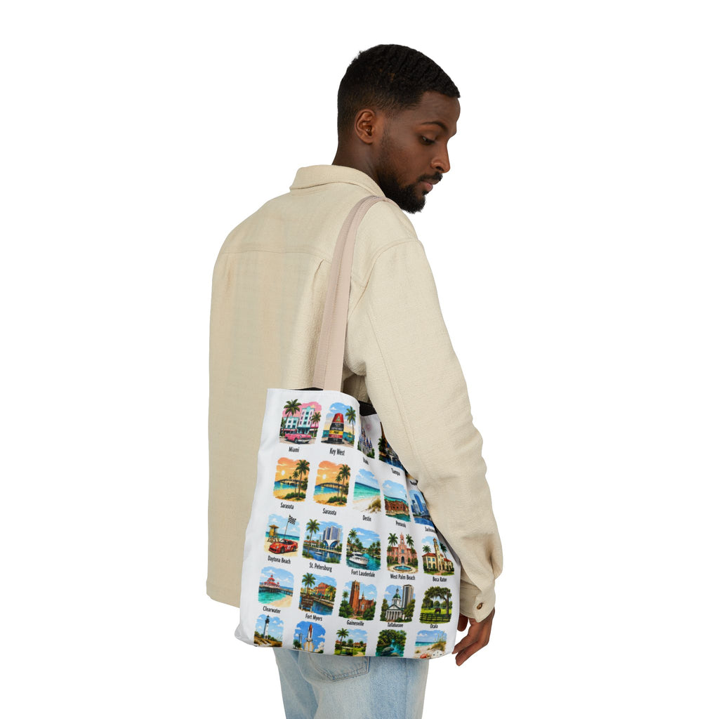 Florida City Landmark Collage Canvas Tote Bag — Vintage Travel Icons Print