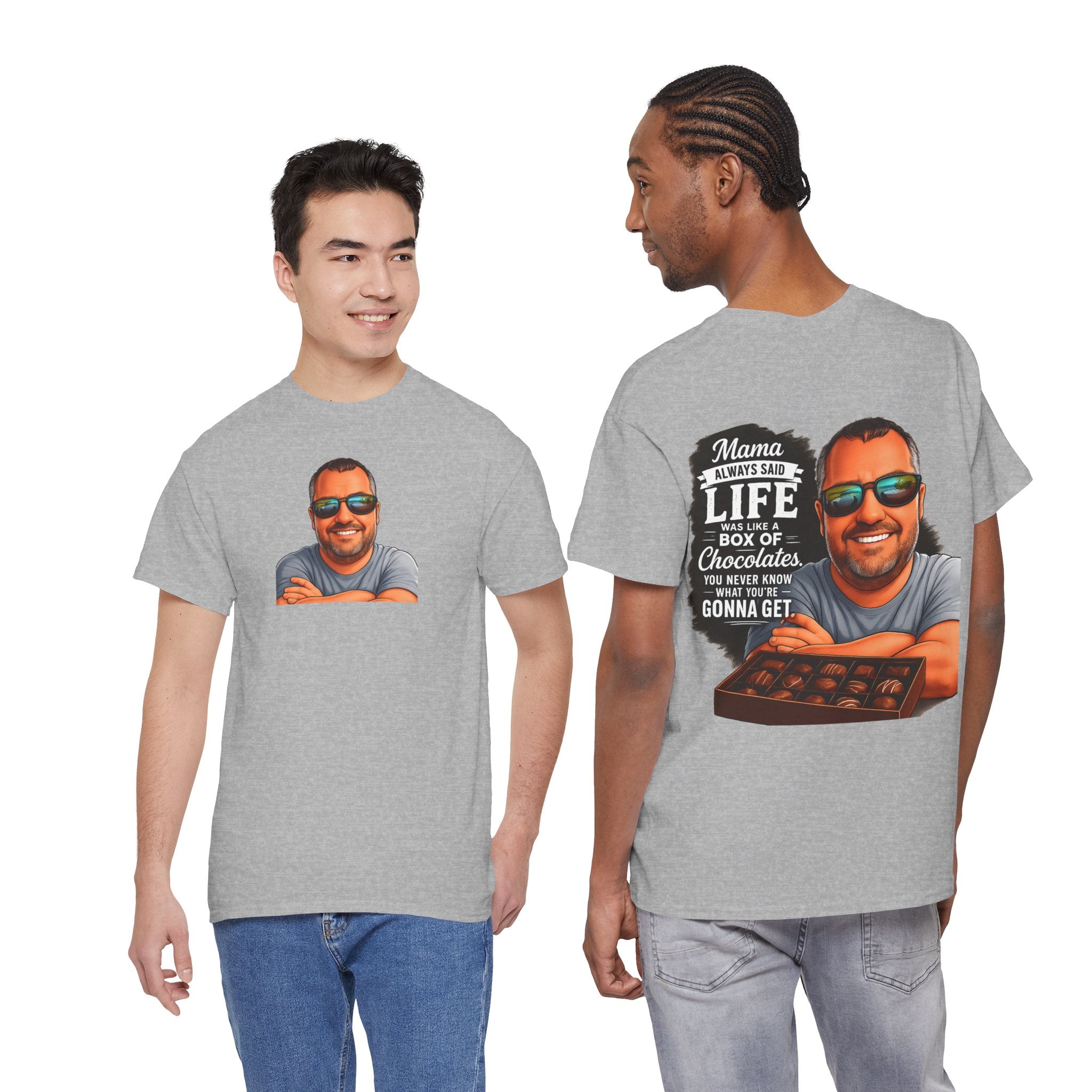 T-Shirt — "Mama Always Said Life Is Like A Box Of Chocolates" Graphic Tee (Funny Retro Portrait)