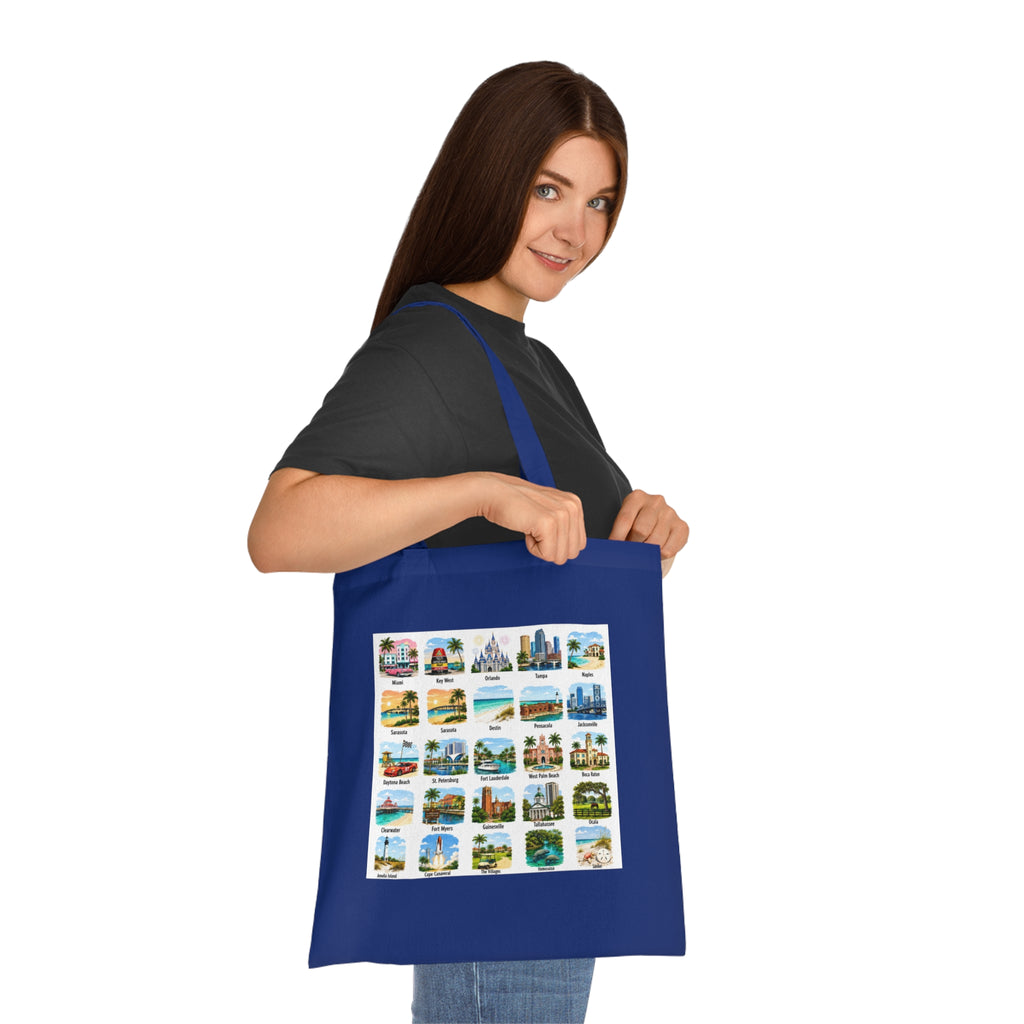 Florida City Landmarks Collage Cotton Tote – Vintage Travel Postcard Design